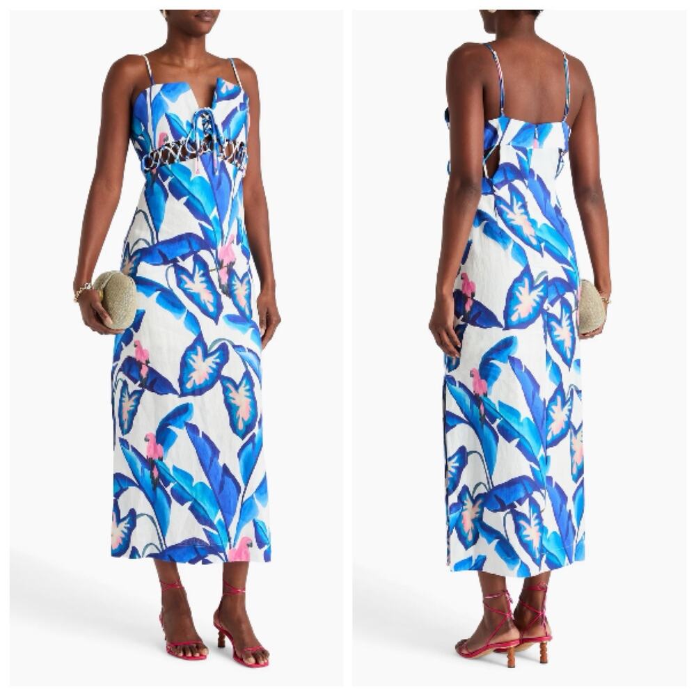 NWT FARM RIO Linen Foliage Maxi Dress Size S Blue White Floral Lace Details - Picture 4 of 13